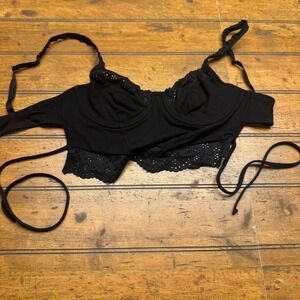 Colsie Black Ribbed Lace Trim Longline Bralette‎ Crop Top Bra M